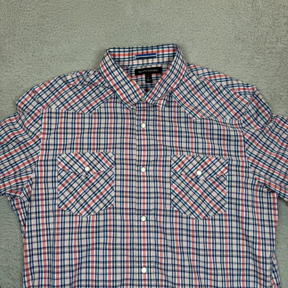 Banana Republic Mens Western Pearl Snap Plaid Shirt Red White Blue Large Stretch